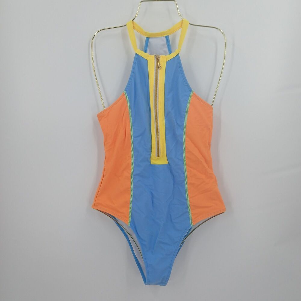womens size medium High-Neck Color-Block Zipper One-Piece Swimsuit blue orange - Picture 1 of 7